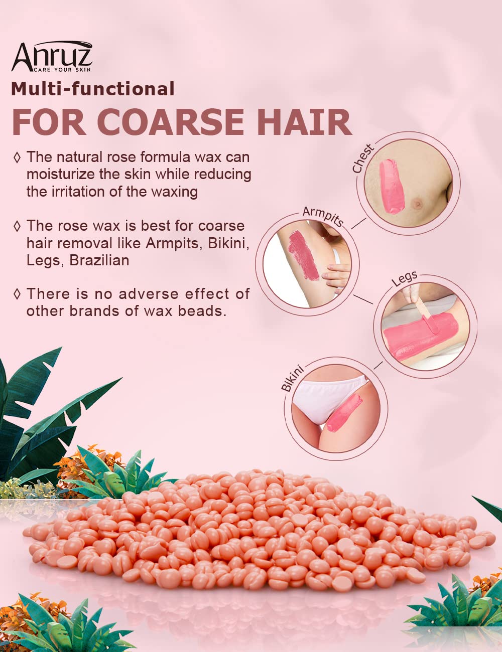 Anruz Hard Pink Wax Beads (1lb) - Professional Hair Removal for Brazilian Bikini, Legs, Underarms, Chest - Home Waxing for Any Warmer