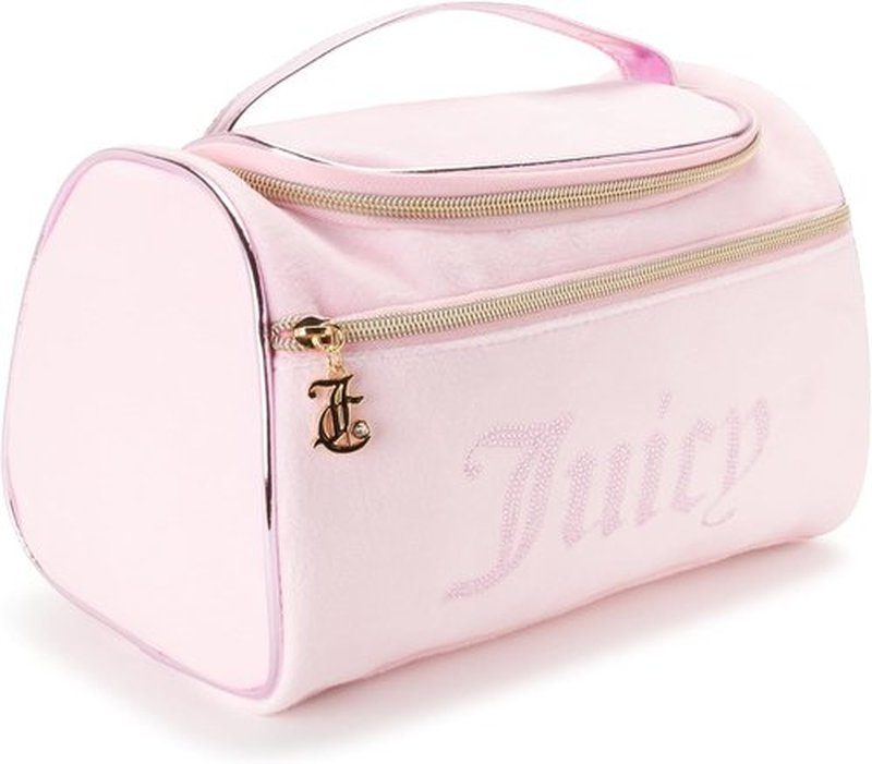 Juicy Couture Pink Makeup Bag - Velour Cosmetics Organizer with Rhinestones for Travel Essentials