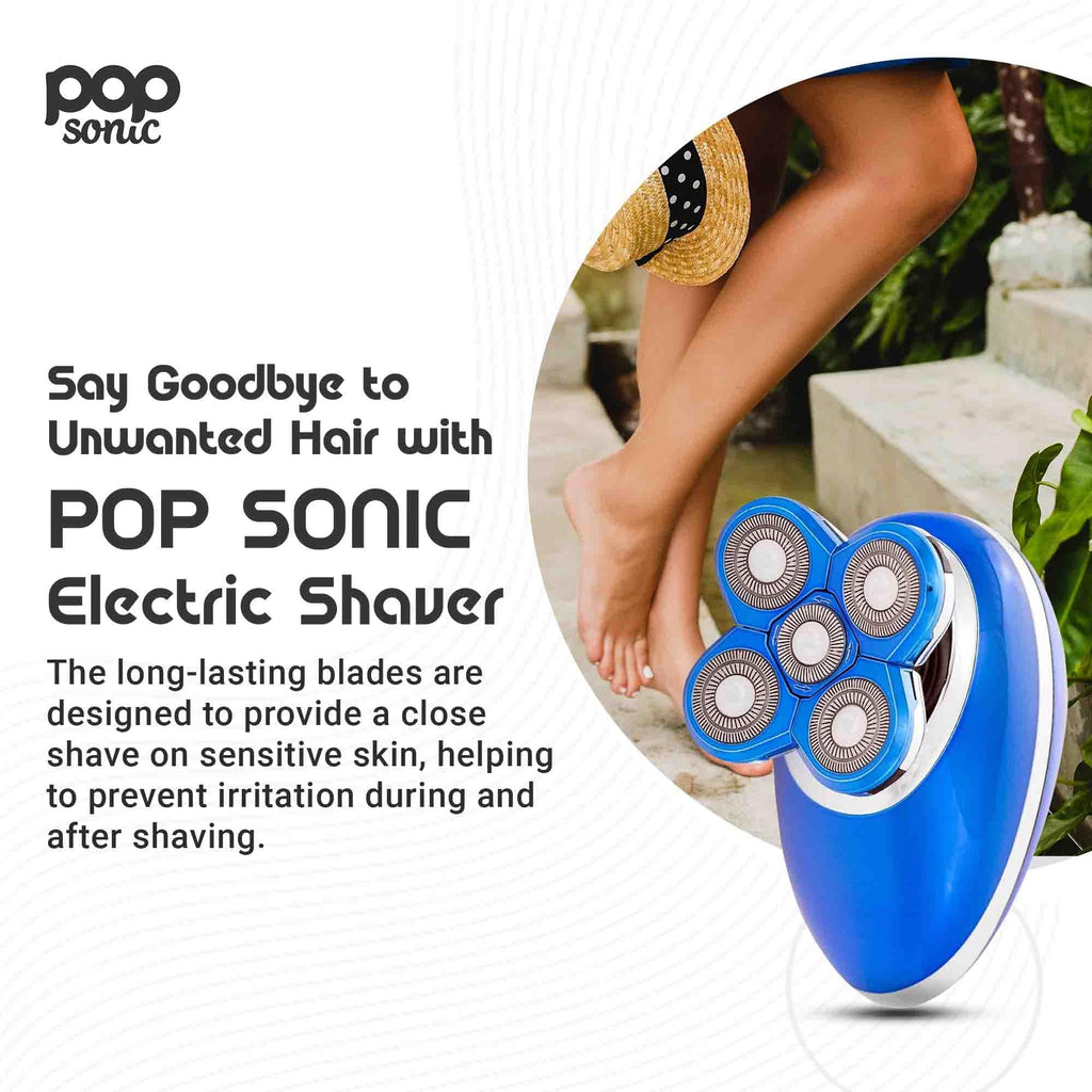 Pop Sonic 5-Head Electric Shaver – Face, Head & Body Shaver – Waterproof USB Rechargeable Trimmer – Floating Precision Heads – Razors for Women & Razors for Men (Blue)