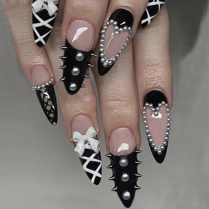 Almond Press on Nails Medium Fake Nails with Bow Heart Pearl Designs Black French Tip Nails Press ons Glossy Glue on Nails Cute Acrylic Nails for Women 24Pcs