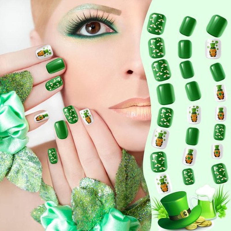 384 Pieces 16 Pack St Patrick's Day Press on Nails Short Fake Nails Green Square False Nails Shamrock Acrylic Artificial Nails Short Length Full Cover Coffin for Women Girls