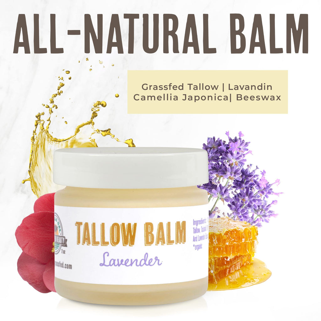 BUFFALO GAL Grassfed Beauty Regenerative Lavender Tallow Balm, Dry Rendered, Therapeutic Grade, Lab Tested Grass Fed Tallow Moisturizer for Face and Body, Organic Ingredients, 2 oz