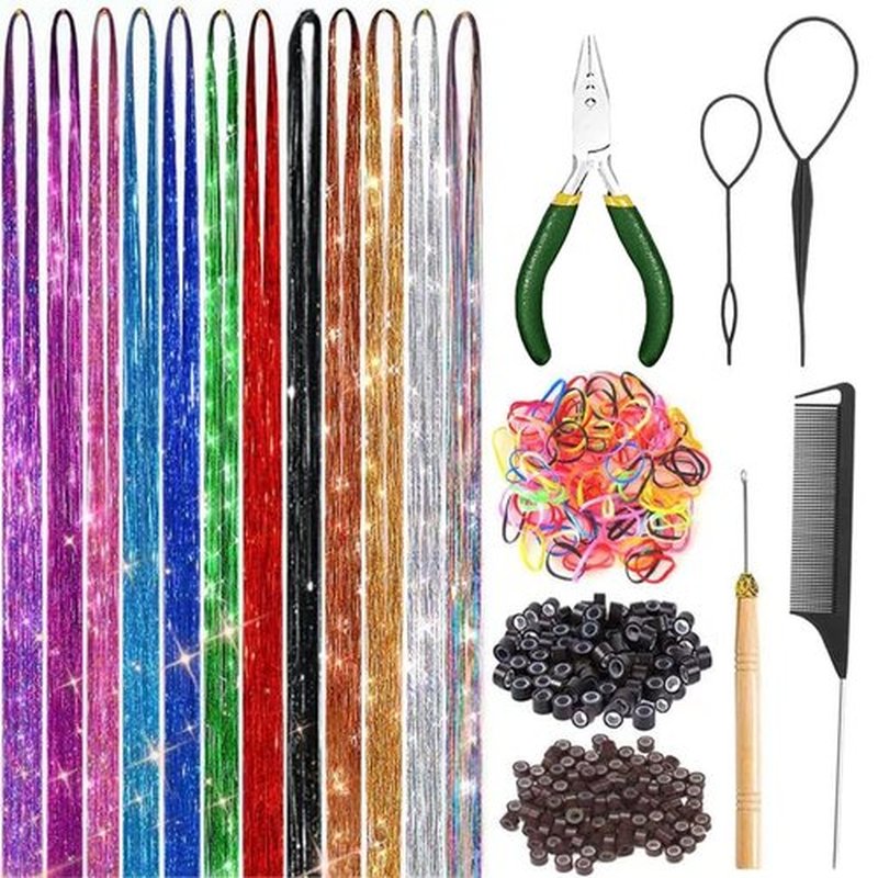 Hair Tinsel Kit, Fairy Hair Tinsel with Tools 48 Inch Hair Tinsel Heat Resistant Safe 12 Colors Glitter Tinsel Hair Extensions 3200 strands (12 Colors Hair Tinsel Kit)