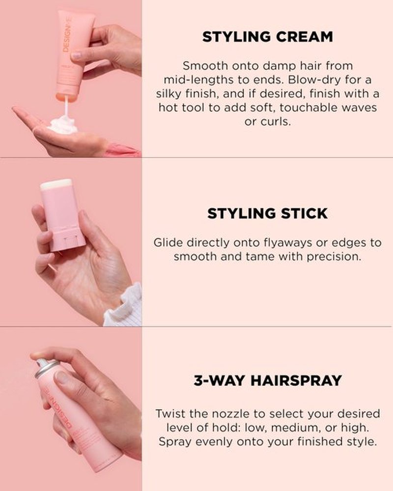 DESIGNME HOLD.ME Styling Kit | Holiday Gift| Styling Cream, Hair Wax Stick & 3-Way Hair Setting Spray | Frizz Control, Flyaway hair Tamer, Heat Protection & Adjustable Hold for Smooth, Polished Styles