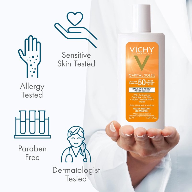 Vichy Capital Soleil Face Sunscreen SPF 50 - Anti-Aging, Oxybenzone-Free Protection for Sensitive Skin | Travel Size