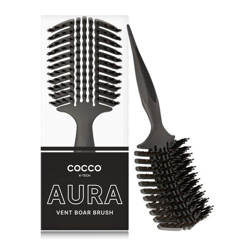 COCCO Aura Vent Boar Brush | Vented Dual-Curved Design for Faster Drying, Effortless Detangling & Shine, Boar + Nylon Bristles, Ergonomic Comfort Handle for Wet & Dry Hair Styling - Black