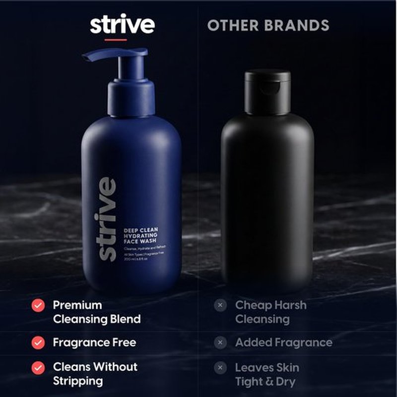 Strive Hydrating Men's Face Wash - Deep Cleans Pores, Exfoliates & Brightens - Refreshing Aloe Vera, Hyaluronic Acid & Niacinamide - Fragrance Free Men's Skincare - 200ml