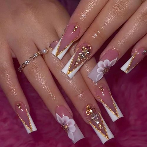 DANMANR V French Press on Nails Pink Fake Acrylic Long Nails Square Full Cover Fake Flower Nails for Women and Girls 24PCS