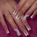 DANMANR V French Press on Nails Pink Fake Acrylic Long Nails Square Full Cover Fake Flower Nails for Women and Girls 24PCS