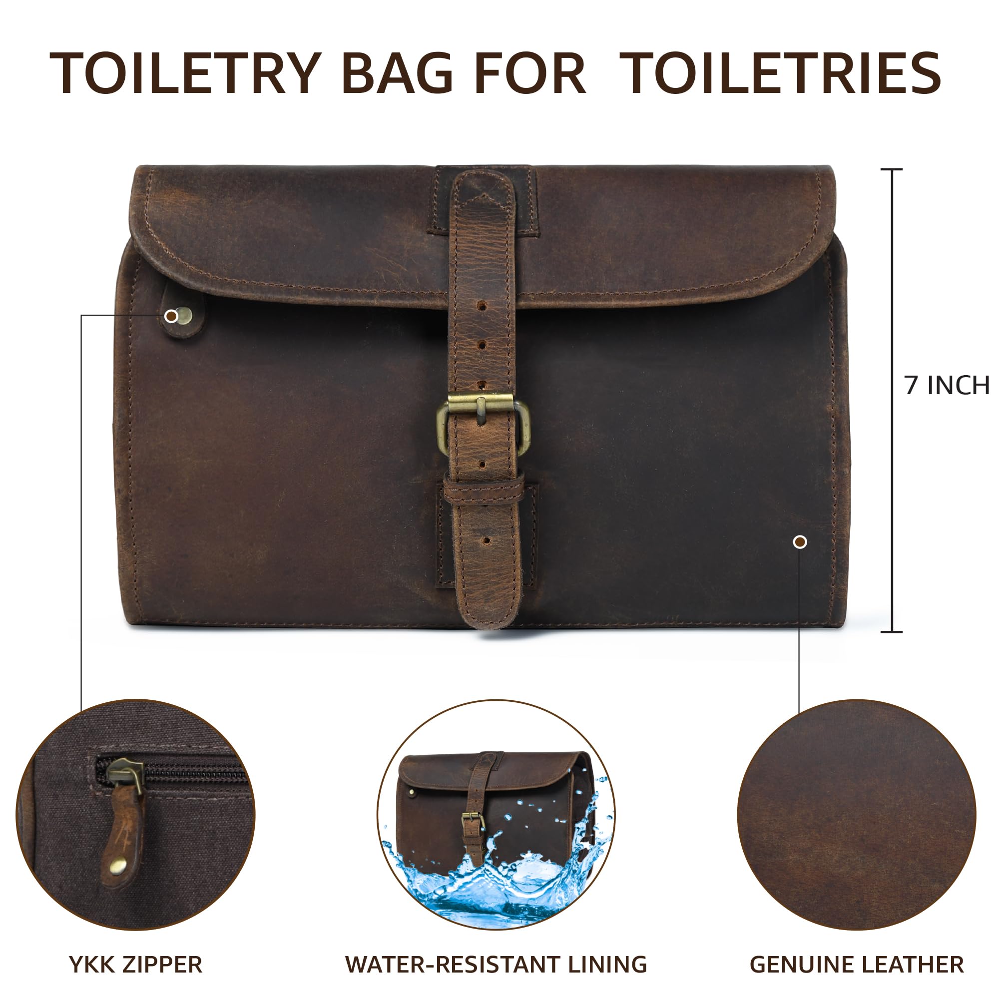 LEATHER VILLAGE Hanging Genuine Leather Toiletry Bag for Men & Women with Waterproof Lining – Handcrafted Vintage Travel Dopp Kit, Shaving Organizer & Shower Bathroom Essentials Case - Brown