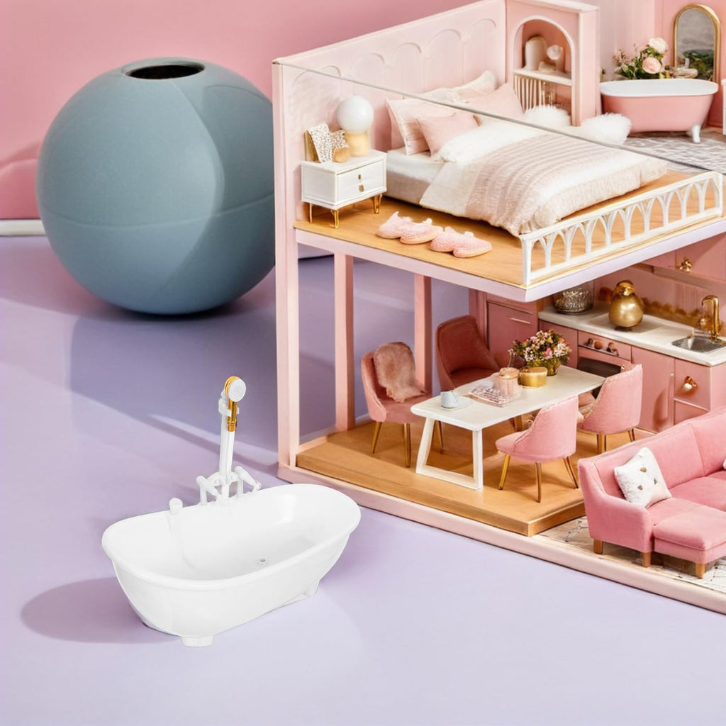 Toyvian Electric Water Spraying Doll Bathtub, Motorized Light Up Swimming Pool with Working Shower Sprayer Pretend Play Bathroom Toys Fits 11.5inch Dolls (White)