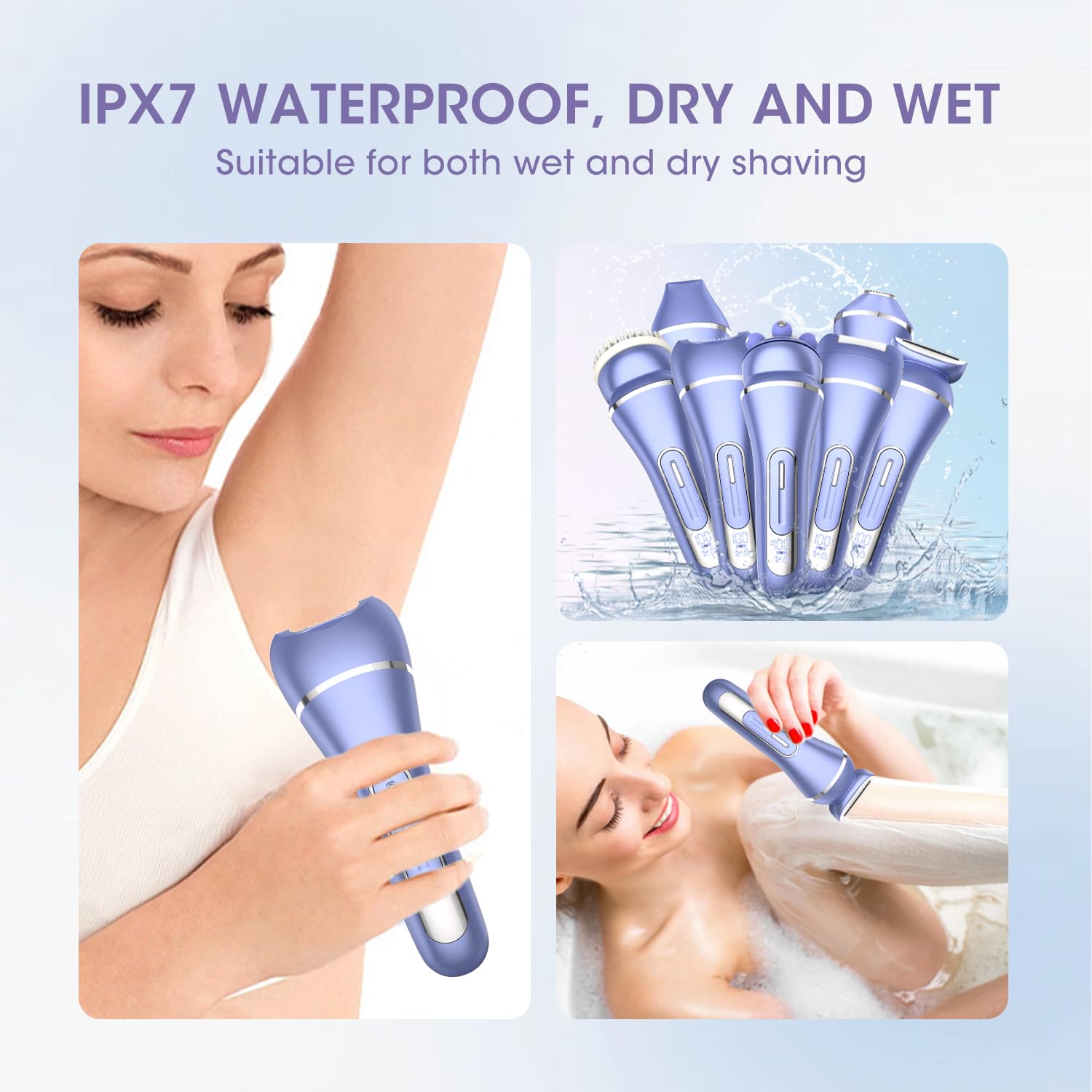 Electric Shavers for Women, 7 in 1 Hair Removal Kit with Epilator Bikini Trimmer Face Razor Body Brush Face Massager Foot Callus Remover, IPX7 Waterproof Lady Razors Set for Legs Armpit Bikini Pubic