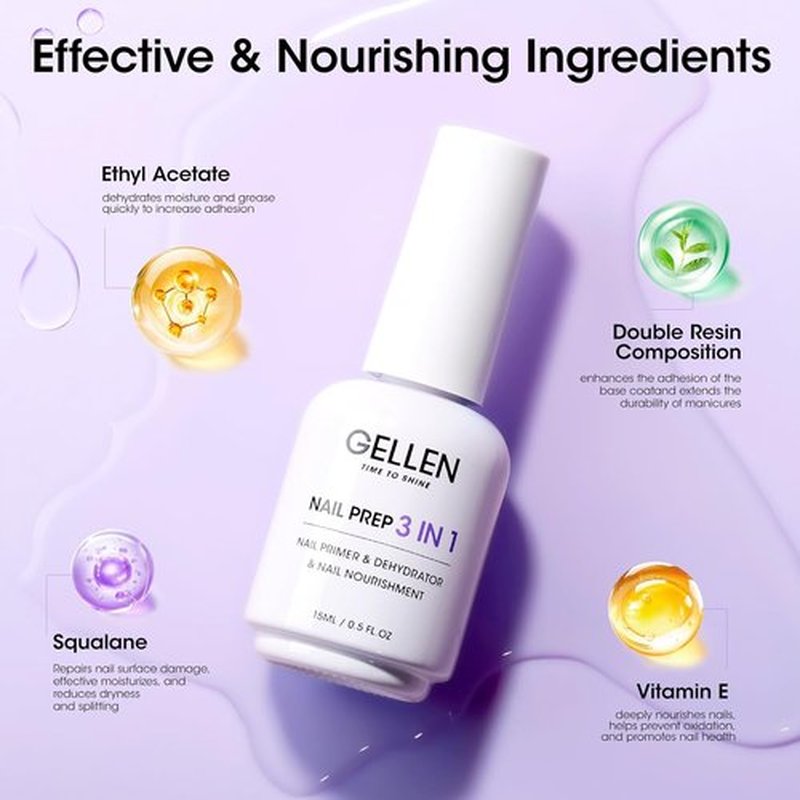 GELLEN Nail Primer & Dehydrator - 3-in-1 Acid-Free Nail Prep with Squalane for Gel & Acrylic | 15ML