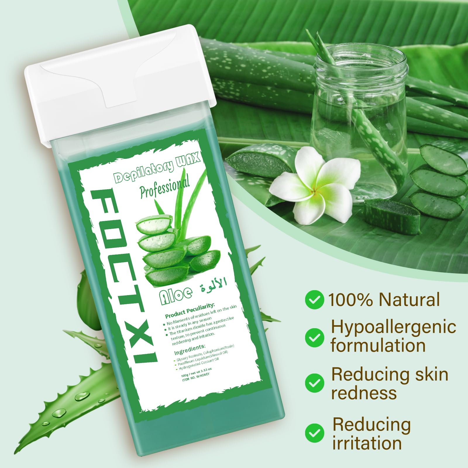 FOCTXI Roll on Wax Cartridge, 4 Hair Removal Aloe Vera Ｗax Cartridge with 10 Pack Cleaning Oil Wipes, Depilatory Wax Roller Refill for Women Sensitive Skin