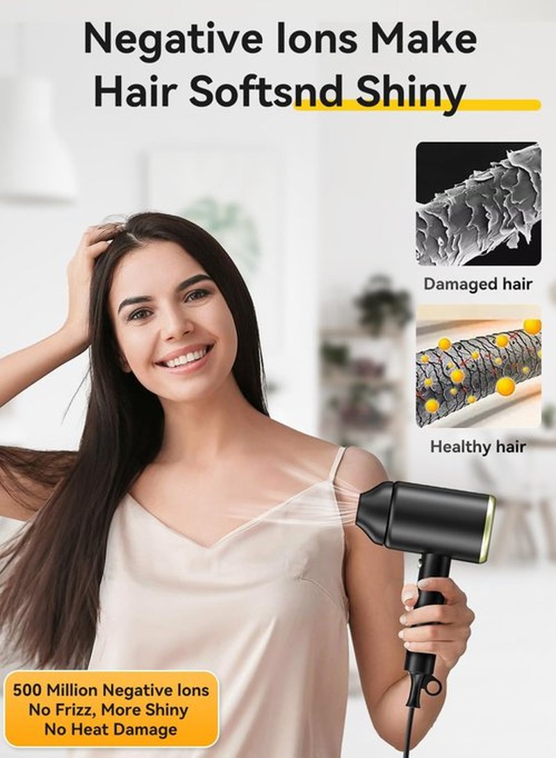 Hair Dryer, 150000RPM Ionic Blow Dryer - Fast Drying, Low Noise, Foldable Portable with Diffuser and Nozzle, Compact Mini for Women and Men, Home and Travel(Black)