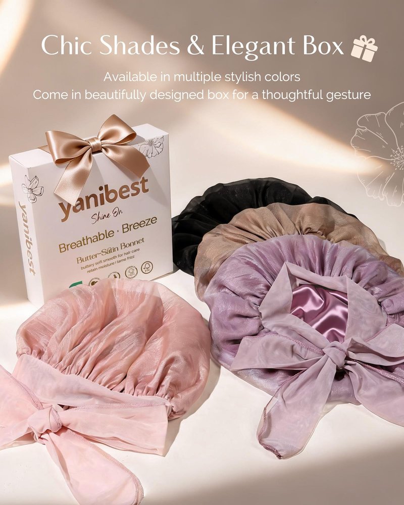 YANIBEST Breathable Soft Silk Bonnet for Sleeping, Breeze Satin Bonnet with Tie Band Hair Wrap Less Frizz Natural Curly Hair, Pink