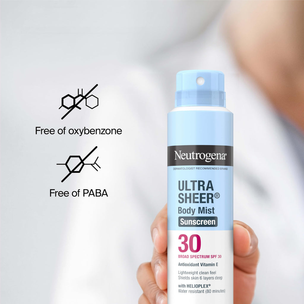 Neutrogena Ultra Sheer Sunscreen Spray SPF 30 Body Mist, Lightweight Non-Greasy Broad Spectrum UVA/UVB Protection, Oil-Free & Non-Comedogenic Water Resistant Spray Sunscreen (80 min), Pack of 3, 5 oz