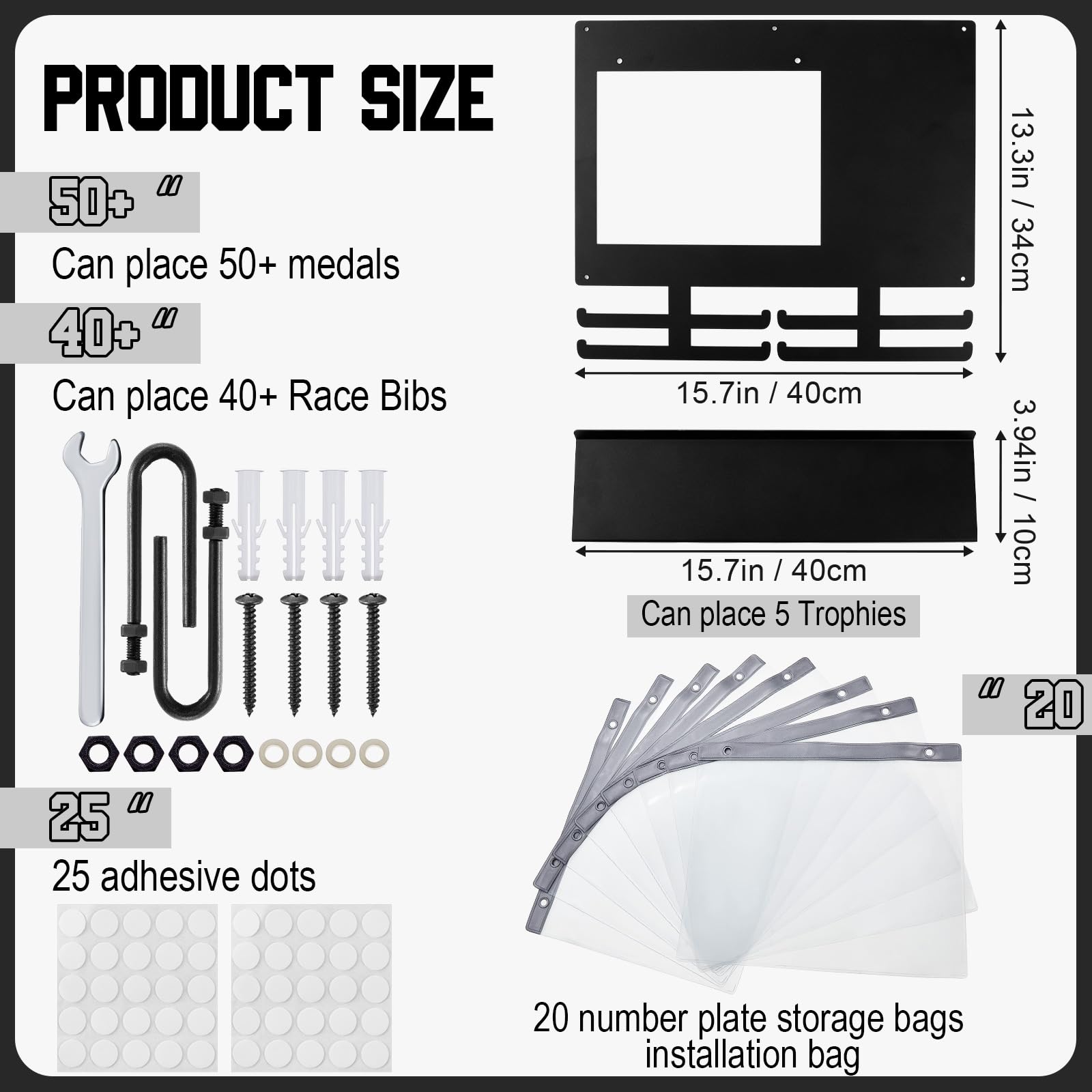 Moxweyeni Race Medal and Bib Display with Trophy Shelf, Wall Mounted Photo Display Board, Ideal Gifts for Runners and Marathoners, Holds up to 50 Medals, 40 Race Bibs & 5 Trophies(Black)