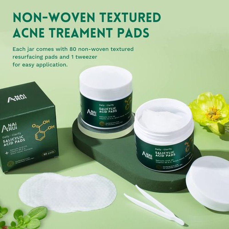 ANAI RUI 2% Salicylic Acid Face Cleansing Pads - Exfoliating Witch Hazel Wipes for Acne Relief | 80 Count