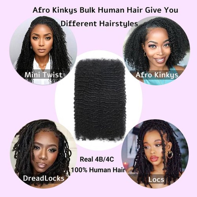 Afro Kinkys Bulk Human Hair For Braiding, 50 Gram Afro Kinky-Curly Human Hair Bundles For Mini Twists Braids Dreadlock Extensions Locs Repair Can Dye And Bleach (Natural Black, 12 Inch (Pack of 1))