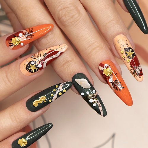 Pndeyo 2 Boxes Ocean Beach Nail Art Charms, Gold 3D Starfish Seashell Nail Decoration Gems, Flatback Pearl Sea Nail Art Accessories Embellishments for Manicure DIY Design- 8 Styles