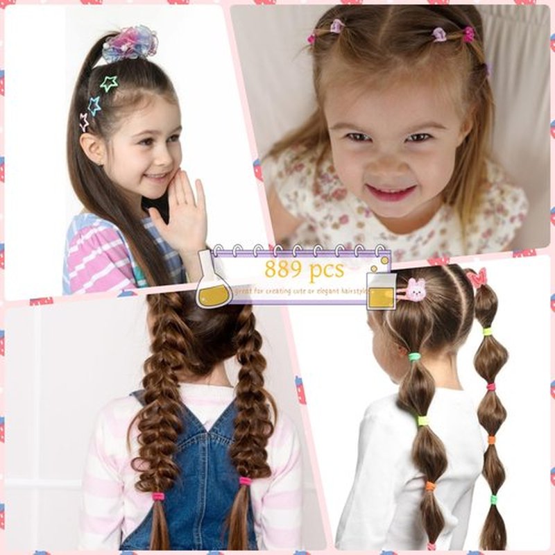 Girls Hair Rubber Bands Colorful Elastic Hair Ties Set Toddler Hair Accessories for Girls with Cute Hair Clips and Box