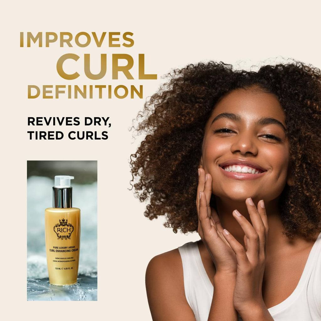 RICH Pure Luxury Curl Defining Cream for Curly & Wavy Hair - Controls Frizz and Add Natural Bounces - Enrich with Argan Oil, Coconut Oil & Hydrolyzed Wheat Protein - 4.05 Oz.