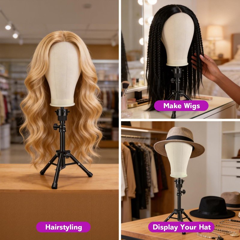 Wig Stand - Wig Stand with Head Canvas Wig Head with Mannequin Head for Wigs, Wig Head Stand Manikin Head Wig Head for Wigs Making Display with Wig caps, T Pins Set, Bristle Brush