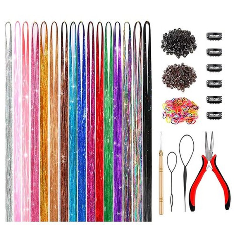 GTTUKK Hair Tinsel Kit (48 Inch,16 Colors,3200 strands), Tinsel Hair Extensions with Tools，Heat Resistant Fairy Hair Tinsel Kit for Women Girls Hair Accessories