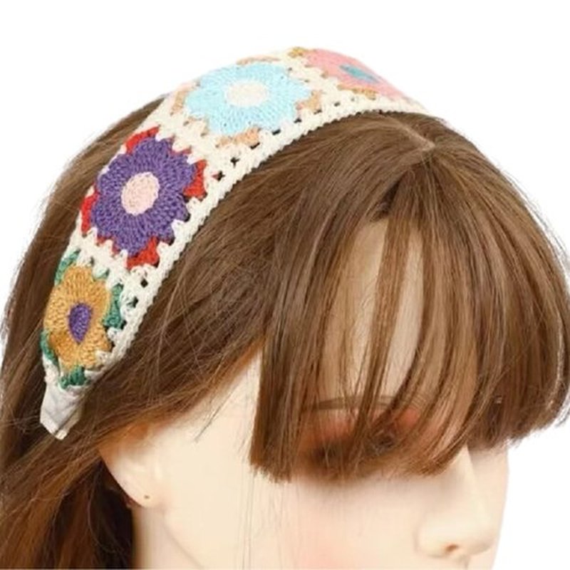 LIANXUE Floral Knitted Headband for Women Stretch Turban Floral Crocheted Granny-Square Ethnic Style Tie Head Wrap Headband