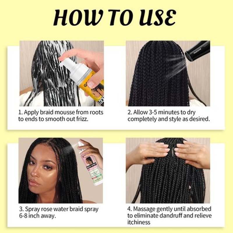 Braid Foam Control Mousse Hair Braiding Mousse for Twist, Locs, Braids Lightweight - Braid Spray Rose Mint for Dreads, Dreadlocks, Locks Spray Rose Water for Itchy Scalp (2PCS)