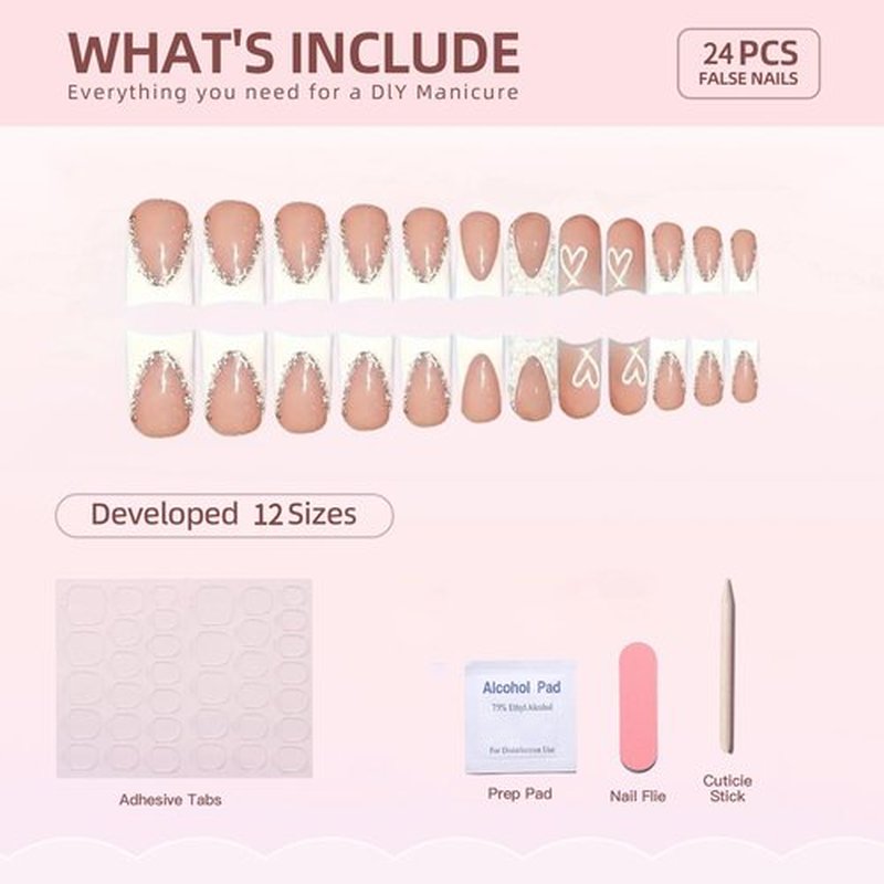Short Press on Nails Square,Short Length Fake Nails White French Tips False Nails with Rhinestones Designs Acrylic Nails Press on Glossy Glue on Nail for Christmas/Valentine'S Day/Women 24Pcs