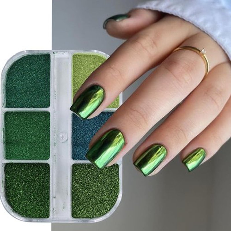 6 Grid Green Chrome Nail Powder, Iridescent Aurora Pearl Powder Metallic Mirror Effect Pigment Pearlescent Mermaid Pigment Pearl Glitter Dust Kit, Nail Art Decoration, Resin Craft (05_Green)