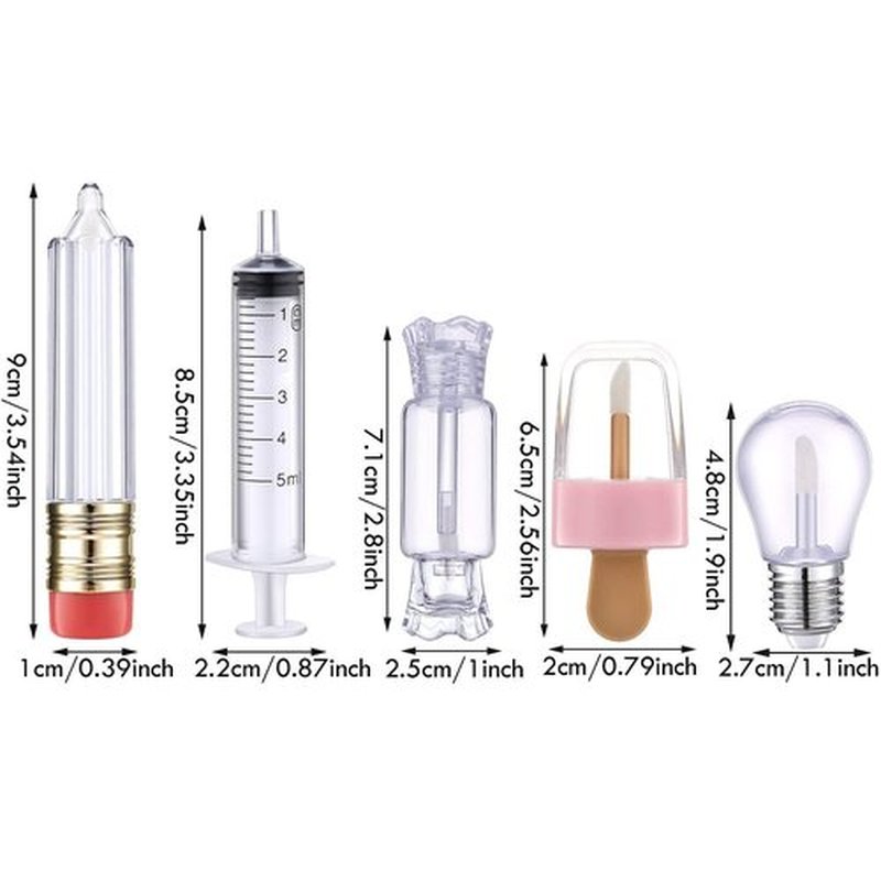 Maitys 28 Pieces Transparent Empty Lip Gloss Tube Containers Include 24 Pencil and Candy Shaped Oil Bottles Ice Cream Funny Light Bulb Balm Tube, 4 Plastic Syringe for Women Girls DIY