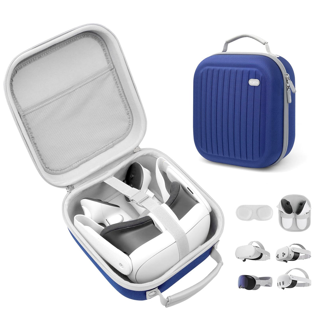 Krypthos Hard Carrying Case Compatible with Meta Quest 3S/Quest 3/Quest 2/Vision Pro, Portable VR Gaming Headset and Touch Controllers Case with Lens Protector, Suit for Travel and Home Storage (Blue)