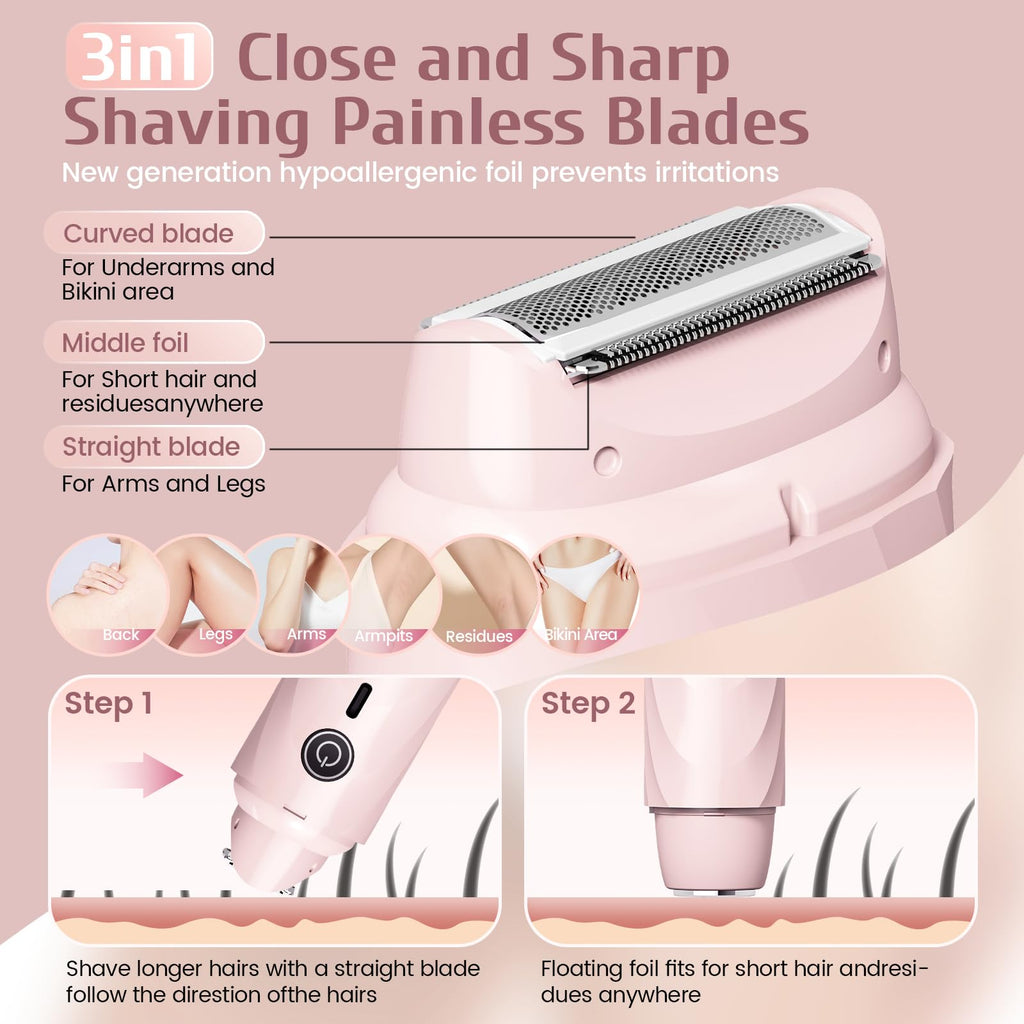 Asbyte 4-in-1 Electric Razor for Women, Bikini Trimmer & Facial Hair Remover, Rechargeable Cordless Dual-Head Shaver, IPX7 Waterproof, Painless & Hypoallergenic for Sensitive Areas, Pink