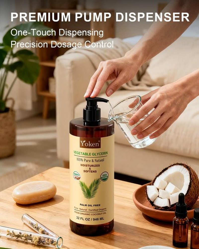 Organic Glycerin Vegetable Glycerine 32 fl oz USDA Certified, Liquid Glycerol, Glicerina Vegetal, No Palm Oil, Coconut-Derived, Natural Pure for Skin Face Hair, DIY Soap & Slime, Essential Oil Carrier