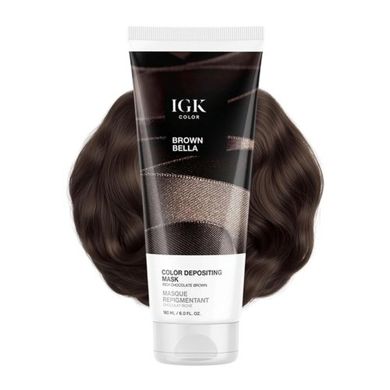 IGK Brown Bella Color Depositing Hair Mask - Chocolate Brown Semi-Permanent Conditioner | Hydrating Gloss + Shine | Vegan + Cruelty-Free | 6 oz