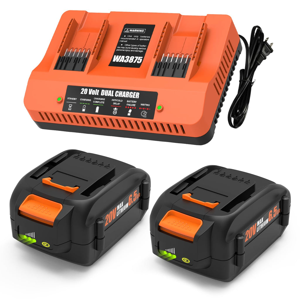 BECDXPal 2 Pack 6500mAh Replacement for Worx 20V Battery and Charger Kit for WA3525 WA3520 WA3575 Compatible with Worx Battery 20V and 40V (2X20V) Cordless Tools