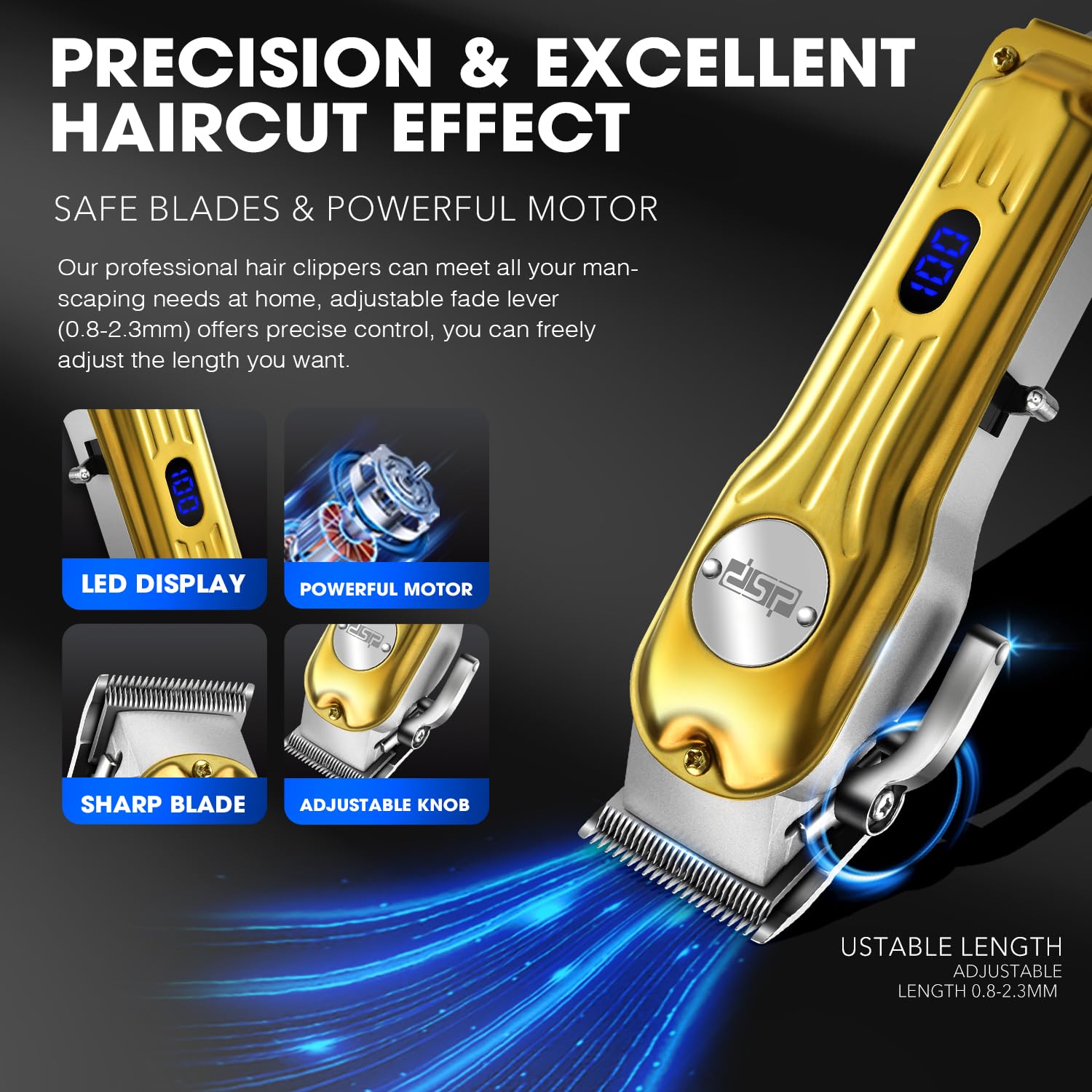 DSP Beard Trimmer for Men, Cordless Hair Clipper Shavers, Facial Hair Trimmer for Beard & Mustache Trimming, Professional Haircut Kit for Men Rechargeable LED Display (Gold)
