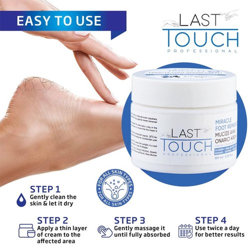 LAST TOUCH Miracle Cracked Repair Foot Care Cream - Foot Cream Dry Cracked Heels - Guaranteed Relief Worn, Cracked, Dry, Callused Feet - Athletes Foot Cream - Soft Smooth Feet 3.38 Fl Oz