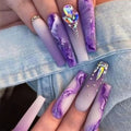 24 Pcs Press on Nails Long, Violet Fake Purple Full Cover False Nails with Rhinestone Designs Extra Long Glue on Nails Acrylic Nails for Women and Girls
