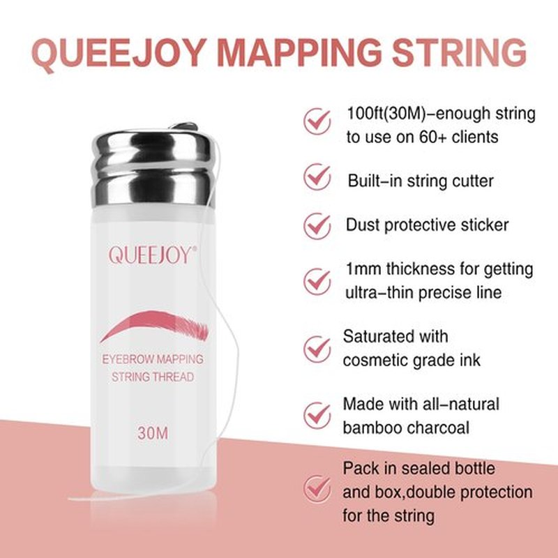 QUEEJOY Brow Mapping String - [100 Ft Bottles - 30 m] Pre-inked Eyebrow Mapping String Thread, Eyebrow Mapping Tool with Instructions, hilo para marcar cejas for Marking Symmetrical Eyebrows (White)