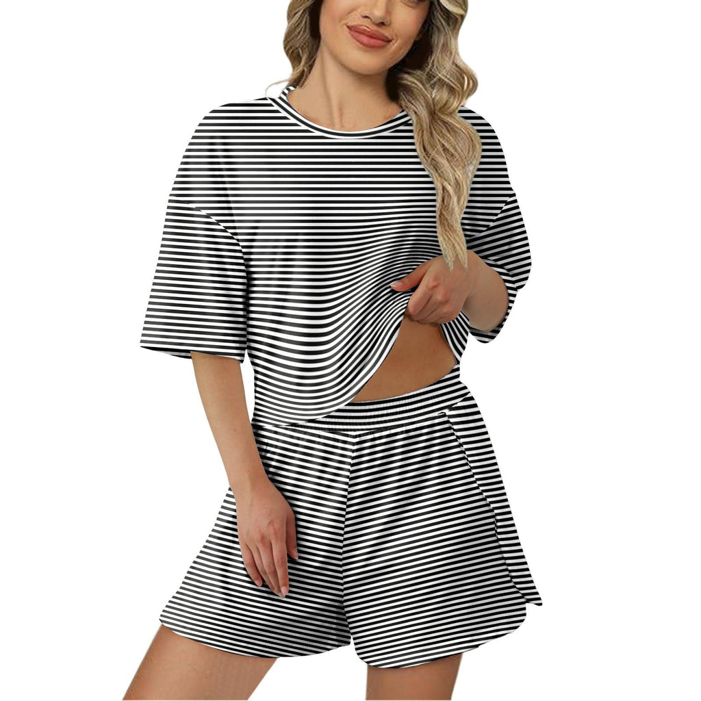Loinjsnktng Pajamas Shorts Sets For Women Split Short Pjs Set Soft Striped Pajama Tops Elastic Waist Shorts Lounge Sleepwear