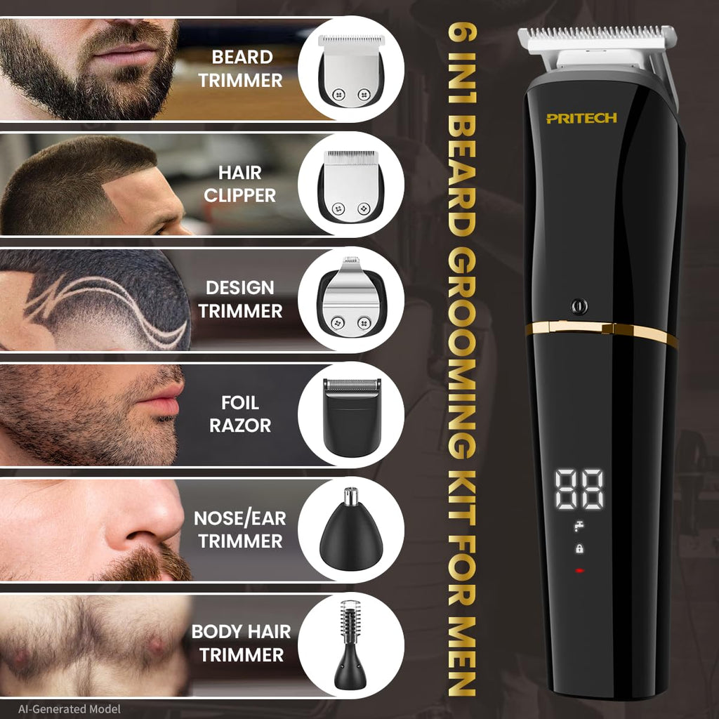 PRITECH Beard Trimmer for Men – 6-in-1 Cordless Grooming Kit, Waterproof IPX6 Men's Shaver with Foil Razor, Beard/Hair/Body/Precision/Nose/Micro, Long Battery Life, Easy to Clean (Black)