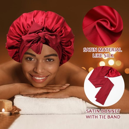 Satin Hair Bonnet Wide Band - Silk Like Sleeping Bonnets for Curly Hair Hair Wrap for Night Cap with Tie Band Breathable Satin Bonnet for Women and Girls (Red)