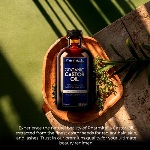 Pharmlitalia Caster Oil Organic Cold Pressed Unrefined Glass Bottle - Organic Golden Castor Oil for Face, Scalp, Eyelashes, Skin Care and Nails - Aceite De Castor Organico Puro - 500ml