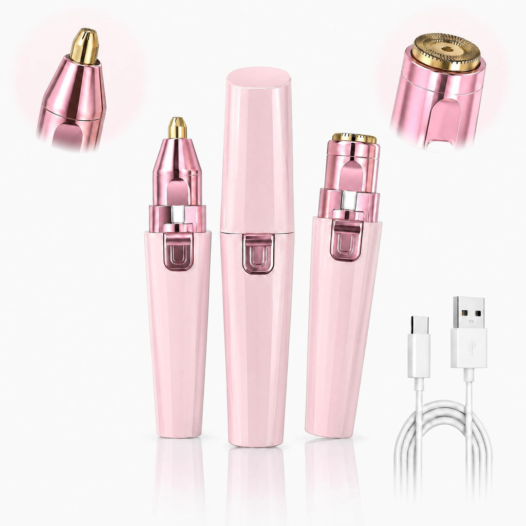 Facial Hair Remover for Women - Pink USB Rechargeable Eyebrow Trimmer & Face Shaver with LED Light, 2-in-1 Hair Removal Device for Smooth Skin