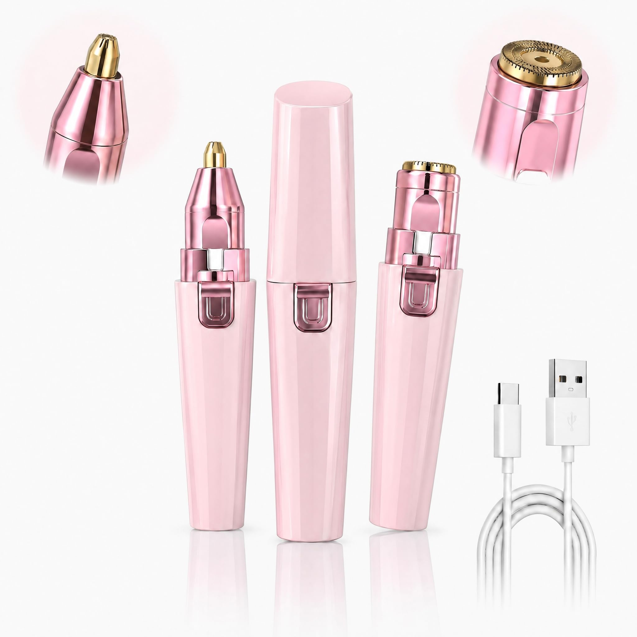 Facial Hair Remover for Women - Pink USB Rechargeable Eyebrow Trimmer & Face Shaver with LED Light, 2-in-1 Hair Removal Device for Smooth Skin