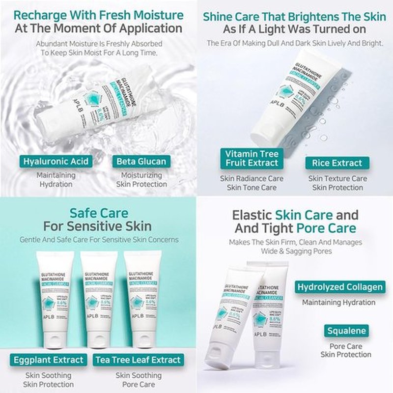 APLB Glutathione Niacinamide Facial Cleanser | LIPO GLUTA NIAC CEN™ 8.6% 2.71 FL.OZ/Korean Skincare, Cares for Tighten Pores & Sebum, Long lasting nourishment and deep moisture for soft skin